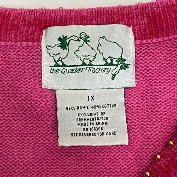 Quacker Factory Beaded Snowman Sweater Womens Size 1X Pink V Neck Pullover - Picture 6 of 7